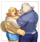  2021 aipangpangdeyua anthro belly bottomwear butt canid canine canis clothing cu_sith_(tas) domestic_dog duo eyewear fur glasses hi_res humanoid_hands kemono leib_(tas) male mammal overweight overweight_male pants polar_bear shirt simple_background tokyo_afterschool_summoners tongue tongue_out topwear underwear ursid ursine video_games white_body white_fur 