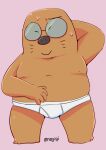  2021 anthro bodily_fluids brown_body clothed clothing eulipotyphlan eyewear glasses kemono male mammal mole_(animal) moobs negigi nipples odd_taxi overweight overweight_male sato_(odd_taxi) simple_background solo sweat topless underwear 
