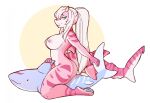  andromeda_(bot125) anthro areola barefoot blue_eyes breasts digital_media_(artwork) feet female fish gills hair hair_over_eye hindpaw horn marine morgdl nude one_eye_obstructed pawpads paws pink_body pink_scales ponytail scales shark solo white_body white_hair white_scales 