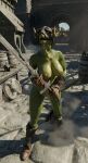  2021 3d_(artwork) anthro argonian armor bethesda_softworks blender_(software) boots breasts clothed clothing detailed_background digital_media_(artwork) female footwear gloves green_body green_scales handwear headgear helmet hi_res horn lifts-her-tail melee_weapon nipples non-mammal_breasts open_mouth orange_eyes outside partially_clothed portrait reptile scales scalie shield solo spiked_tail spikes spikes_(anatomy) standing sword teeth the_elder_scrolls threedeedude video_games weapon 