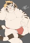  2021 anthro asian_clothing belly bulge clothing east_asian_clothing eyewear felid fundoshi fur glasses hi_res humanoid_hands japanese_clothing jmeo1230 kemono licho_(tas) male mammal moobs navel nipples one_eye_closed overweight overweight_male pantherine red_clothing red_fundoshi red_underwear simple_background sitting solo tiger tokyo_afterschool_summoners underwear video_games white_body white_fur wink 