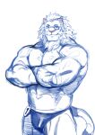  2021 absurd_res anthro big_muscles blue_eyes clothed clothing crossed_arms english_text eyewear felid fur hi_res lion male mammal mane monocle muscular muscular_anthro muscular_male pantherine pink_nose snow_(tas) solo standing text thong tokyo_afterschool_summoners topless traver009 underwear underwear_only video_games whiskers white_body white_fur 