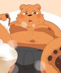  0119_muu 2021 anthro belly big_belly blush bodily_fluids brown_body brown_fur clothing feet foot_fetish fur hi_res kemono male mammal moobs musk navel nipples overweight overweight_male simple_background solo sweat underwear ursid 