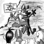  1:1 anatid anseriform anthro avian bird bugs_bunny canid canine canis coyote daffy_duck domestic_pig duck elmer_fudd english_text group hi_res holding_object holding_sign human humor lagomorph leporid looking_at_another looney_tunes male mammal meme outside porky_pig rabbit rock suid suina sus_(pig) text the_enigma_of_amigara_fault vermyfox warner_brothers wile_e._coyote 