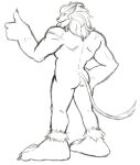  anthro bandai_namco butt digimon digimon_(species) ear_piercing ear_ring gesture hand_on_hip leomon male monochrome nude piercing simple_background sketch solo thegreatmatsutzu thumbs_up white_background 
