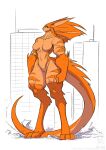  2021 anthro biceps breasts conditional_dnp digitigrade featureless_breasts female fur gloves_(marking) green_eyes jollyjack kaiju leg_markings long_tail macro mammal markings muscular muscular_anthro muscular_female nude orange_body orange_fur restricted_palette selective_coloring skyscraper socks_(marking) solo tan_body tan_fur thick_thighs 