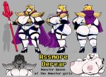  2021 alternate_universe anthro armor asgore_dreemurr big_breasts big_butt bikini_armor blonde_hair boss_monster bovid breasts butt cape caprine clothed clothing crossgender crown curvy_figure english_text fangs female goat grey_background hair heterochromia high_heels huge_breasts huge_butt leather_straps looking_at_viewer mammal model_sheet monster nipples pauldron shoulder_pads simple_background smile text thewill turnaround unconvincing_armor under(her)tail undertale video_games voluptuous white_body wide_hips 