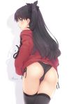  artist_name ass bangs bare_shoulders black_hair black_legwear black_panties blue_eyes blush cameltoe closed_mouth commentary_request cowboy_shot dan_(kumadan) eyebrows_visible_through_hair fate/stay_night fate_(series) from_behind half_updo highres hood hoodie long_hair long_sleeves looking_at_viewer off_shoulder panties profile red_hoodie red_shirt shiny shiny_skin shirt side-tie_panties silhouette simple_background skindentation solo thighhighs tohsaka_rin two_side_up underwear white_background 