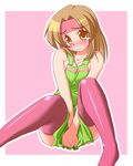  apron apron_tug blush breasts brown_eyes brown_hair cleavage covering covering_crotch green_apron looking_at_viewer matatabi_(2ccp) medium_breasts momose_kurumi naked_apron outline outside_border pani_poni_dash! pink_background pink_legwear solo tears thighhighs 