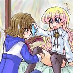  artist_request black_legwear blonde_hair blue_eyes blue_panties blush bolo_tie cosplay crossover dress_shirt dressing dressing_another hiraga_saito hiraga_saito_(cosplay) holding holding_panties long_hair long_sleeves louise_francoise_le_blanc_de_la_valliere louise_francoise_le_blanc_de_la_valliere_(cosplay) lowres miniskirt momose_kurumi multiple_girls oekaki pani_poni_dash! panties parody pentacle pleated_skirt shirt sitting skirt striped striped_panties thighhighs translated underwear zero_no_tsukaima 