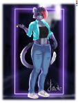  2021 3:4 anthro clothed clothing digital_media_(artwork) domestic_cat duo ear_piercing ear_ring felid feline felis female fur hair hi_res jade_(yukkoo) looking_at_viewer mammal navel navel_piercing piercing shaded simple_background smile solo yukkoo yukkooart 