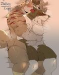  absurd_res anthro antlers arm_stripes bed blush brown_body brown_fur canid canine canis cervid clothing cuddling duo footwear fur furniture hair hi_res horn hyaku_(artist) licking male male/male mammal muscular muscular_male petting shirt size_difference smaller_male socks tan_body tan_fur tongue tongue_out topwear white_body white_fur wolf 