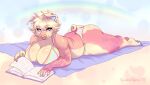  anthro big_breasts big_butt bikini blonde_hair book breasts butt cleavage clothed clothing crystal_(jush) domestic_pig female hair hi_res lying mammal on_front on_towel solo spottedtigress suid suina sus_(pig) swimwear towel 