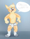  anthro avery_(vir-no-vigoratus) black_nose blonde_hair blush briefs bulge canid canine canis clothed clothing domestic_dog footwear fur grey_eyes grey_floor grey_wall hair herding_dog male mammal navel open_mouth orange_body orange_fur pastoral_dog shadow socks solo speech_bubble tan_body tan_fur teeth_showing tighty_whities topless underwear vir-no-vigoratus welsh_corgi white_briefs white_clothing white_footwear white_socks white_underwear 