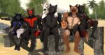  3d_(artwork) anthro beach black_body black_sclera brown_body canid canine canis car digital_media_(artwork) female gesture group hi_res looking_at_viewer male mammal outside palm_tree petruz_(copyright) plant seaside smile smiling_at_viewer source_filmmaker tongue tongue_out tree vehicle waving white_body wolf wolf_(petruz) wolfikous 