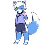  1:1 ambiguous_gender anthro blue_body blue_fur bottomwear clothed clothing fluffy fluffy_tail fur gesture gloves_(marking) green_eyes green_sclera hair hi_res jewelry mammal markings markings_(fur) multicolored_body multicolored_fur one_eye_closed pawpads paws shirt shorts simple_background snoiifoxxo solo topwear tuft two_tone_body two_tone_fur v_sign white_background white_body white_fur white_hair 