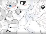  anthro black_sclera blue_eyes blush bodily_fluids changed_(video_game) chano chibi duo female fin fur grey_body hair low_res male multicolored_body restricted_palette shark_tail squid_dog_(changed) tears tentacles the_shark_(changed) white_body white_eyes white_fur white_hair 