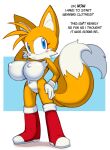  2_tails angstrom anthro big_breasts boots breasts canid canine clothing crossgender english_text featureless_crotch female footwear fox gloves handwear hi_res huge_breasts mammal miles_prower mtf_crossgender multi_tail sega sonic_the_hedgehog_(series) text 
