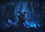  2021 anthro biped black_nose blue_theme branch canid canine cheek_tuft clothing dark_theme detailed_background digital_media_(artwork) ear_piercing ears_back eyebrows eyes_closed facial_tuft fauxerious flower forest fox hands_on_knees head_tuft hi_res hoodie jacato kneeling leaf light magic magic_user male mammal night on_ground orb outside piercing pivoted_ears plant red_fox ringtail ruins short_sleeves side_view signature silver_fox smile solo striped_tail stripes topwear tree tuft tunic whisker_spots whiskers 