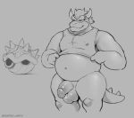  absurd_res anthro balls belly big_belly big_pecs bowser clothed clothing clothing_lift collar eyebrows genitals glistening glistening_balls glistening_body glistening_genitalia glistening_penis glistening_skin hi_res horn huge_pecs koopa male male/male mario_bros monochrome moobs musclegut muscular muscular_male nintendo nipples nipples_through_clothes pecs penis scalie shell shell-less shirt smile solo spiked_collar spiked_shell spiked_tail spikes spikes_(anatomy) swept_hair tank_top thick_eyebrows thick_penis thick_thighs topwear ventesthefloof video_games 