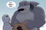  anthro bag belly claws dc_comics dialogue duo fish grey_body hi_res hikazedragon human king_shark male mammal marine money_bag pecs shark teeth 