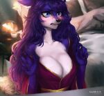  5_fingers anthro black_nose blue_eyes blush breasts canid canine canis cleavage clothed clothing digital_media_(artwork) ears_down english_text eyebrows eyelashes fangs female fingers fur hair hi_res long_hair mammal multicolored_body multicolored_fur open_mouth pivoted_ears profanity purple_body purple_fur purple_hair sadbitch shy solo teeth text two_tone_body two_tone_fur white_body white_fur wolf 