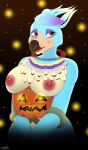  absurd_res anthro artiskarushi avian big_breasts big_nipples bird blue_body blue_feathers breasts corvid feathers female food fruit halloween hi_res holidays huge_breasts jack-o&#039;-lantern lipstick maggie_(zapper:_one_wicked_cricket) magpie_(corvid) makeup multicolored_body multicolored_feathers nipples nude oscine passerine plant pumpkin smile solo 
