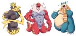  2021 abs absurd_res anthro arts_of_indiego back_muscles belly biceps big_belly big_muscles black_body blonde_hair blue_body blue_eyes blue_markings bodily_fluids butt crossed_arms drooling featureless_crotch fossil_pok&eacute;mon grey_body group hair hi_res legendary_pok&eacute;mon male markings mostly_nude muscular muscular_anthro muscular_butt muscular_male muscular_thighs navel neck_tuft nintendo nipple_piercing nipples onomatopoeia open_mouth overweight overweight_anthro overweight_male pecs piercing pok&eacute;mon pok&eacute;mon_(species) rear_view red_body saliva scarf scarf_only scratching simple_background sleeping snorlax sound_effects sparkles tan_body teeth text thick_thighs tongue trio tuft tusks tyrantrum video_games yawn zeraora zzz 
