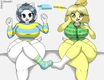  animal_crossing anthro blush breasts camael30 canid canine clothed clothing felid feline female fur hair hi_res isabelle_(animal_crossing) mammal nintendo open_mouth simple_background tem temmie_(undertale) text topwear undertale video_games white_body white_fur yellow_body 