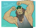  2021 4:3 anthro backwards_baseball_cap backwards_hat baseball_cap beard biceps blue_background border bust_portrait butusan_p clothed clothing dated english_text facial_hair felid flexing fur hashtag hat headgear headwear lion looking_at_viewer male mammal mane mr._amino muscular muscular_anthro muscular_male number obliques pantherine portrait shirt signature simple_background smile solo tank_top text topwear tuft url white_border 