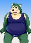  2021 anthro belly big_belly blush bodily_fluids bulge canid canine canis clothing domestic_dog green_body green_eyes hi_res humanoid_hands kemono live-a-hero male mammal mokdai nazebesu_hobby one-piece_swimsuit overweight overweight_male school_swimsuit solo sweat swimwear video_games 