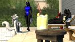  16:9 3d_(artwork) anthro beverage black_body black_fur black_sclera canid canine canis clothing digital_media_(artwork) eyewear female fur group hi_res lemonade looking_at_another male mammal outside petruz_(copyright) smile source_filmmaker sunbed sunglasses swimming_pool swimwear white_body white_fur widescreen wolf wolf_(petruz) wolfikous 