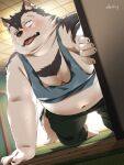  2021 3:4 anthro belly black_body black_fur blush bodily_fluids bottomwear canid canine canis clothing detailed_background fur hi_res humanoid_hands inside kemono male mammal navel nikiciy overweight overweight_male pants scar solo sweat white_body white_fur wolf 