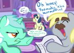  blonde_hair bonbon_(mlp) cutie_mark derpy_hooves_(mlp) dialogue equid equine facial_hair fake_mustache female feral friendship_is_magic green_body group hair hasbro hi_res horn lyra_heartstrings_(mlp) mammal mustache my_little_pony newspaper oven tess-27 trio unicorn 