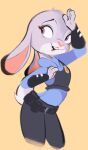  2021 anthro belt buckteeth clothed clothing dipstick_ears disney female fully_clothed fur grey_body grey_fur head_tuft hi_res judy_hopps lagomorph leporid mammal multicolored_ears open_mouth open_smile police_uniform purple_eyes rabbit simple_background smile solo teeth tohupo tuft uniform yellow_background zootopia 