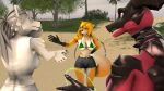  16:9 3d_(artwork) agape_(petruz) anthro black_sclera bottomwear canid canine canis clothing digital_media_(artwork) dragon eye_contact female fox fox_tail fur group hair hi_res looking_at_another magic magic_user mammal orange_hair outside petruz_(copyright) runes scales shorts source_filmmaker white_body white_fur white_hair widescreen wolf wolf_(petruz) wolfikous worried_expression 