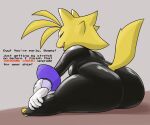  6:5 anthro big_butt black_clothing butt canid canine canis clothing conditional_dnp dialogue english_text eyes_closed female gloves handwear leather mammal open_mouth rubber rubber_suit sitting solo spread_legs spreading text thick_thighs tight_clothing xopachi yellow_body 