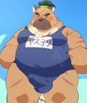  0119_muu 2021 anthro balls_outline belly big_belly black_nose blush brown_body brown_fur bulge canid canine canis clothing domestic_dog fur genital_outline hi_res japanese_text kemono male mammal one-piece_swimsuit overweight overweight_male penis_outline scar school_swimsuit solo swimwear text tokyo_afterschool_summoners video_games yasuyori 