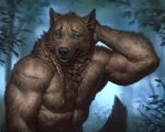 abs anthro barazoku biceps black_nose blue_eyes brown_body brown_fur brown_nipples canid canine canis cheek_tuft chest_tuft daww facial_tuft forest fur head_tuft hi_res looking_at_viewer male mammal mane muscular muscular_anthro nipples open_mouth outside pecs plant sammy_pheonix scar scratching_head solo taran_fiddler teeth topless_anthro topless_male tree tuft vein were werecanid werecanine werewolf whiskers wolf 