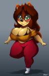  2019 absurd_res anthro big_breasts biped black_nose blush breasts brown_hair canid canine canis chibi cleavage clothed clothing digital_media_(artwork) domestic_dog female full-length_portrait glistening glistening_breasts glistening_eyes green_eyes hair hi_res looking_at_viewer mammal on_one_leg portrait shaded short_stack signature simple_background smile solo standing superia superix thick_thighs 