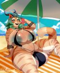  anthro balls beach big_balls bikini breasts clothing felid genitals green_hair green_nipples gynomorph hair halo hi_res horn huge_balls intersex makeup mammal nipples pantherine piercing seaside solo string_bikini stripes sunbathing sunscreen swimwear taiga_(traceymordeaux) tattoo tiger trans_(lore) trans_woman_(lore) vapplepie 