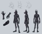  5_fingers 5_toes abs anthro black_pawpads canid canine cybernetics cyborg featureless_crotch feet fingers kenoshi looking_aside machine male mammal model_sheet navel nipples nude open_mouth pawpads plantigrade rear_view red_eyes seito_akai side_view simple_background sketch solo toes 