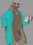  2021 anthro balls big_balls black_nose brown_body brown_fur canid canine clothed clothing cup eyes_closed fur genitals horrorbuns male mammal open_clothing open_robe overweight overweight_male penis raccoon_dog robe simple_background solo tanuki tired 