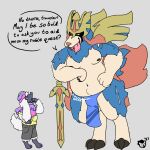  1:1 anthro arm_support armor balls baron_montesque blue_body blue_fur bodily_fluids bottomwear bulge clothing crowned_sword_zacian dialogue drooling duo english_text fur furfrou genitals headgear helmet hi_res imminent_vore leaning_on_elbow leaning_on_object legendary_pok&eacute;mon loincloth male male/male male_pred melee_weapon moobs navel nintendo nipples overweight pok&eacute;mon pok&eacute;mon_(species) red_body red_fur rumbling_stomach saliva scar size_difference sword tan_body tan_fur text video_games vore weapon white_body white_fur zacian 