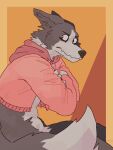  2020 3:4 anthro blush bottomless canid canine canis clothed clothing crossed_arms domestic_dog embarrassed eyebrows fur grey_body grey_fur hoodie looking_at_viewer male mammal mawfulme pink_clothing pink_hoodie pink_topwear simple_background solo topwear 