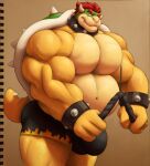  2021 absurd_res anthro ara_chibi barazoku belly biceps big_belly big_bulge big_moobs big_muscles big_pecs bodily_fluids bottomwear bowser bracelet brown_background bulge clothed clothing collaboration collar colored croconut digital_media_(artwork) exercise eyebrows hair hi_res horn hotpants huge_bulge huge_muscles jewelry koopa looking_at_viewer male mario_bros mixed_media moobs musclegut muscular muscular_anthro muscular_male navel nintendo pecs red_hair scalie shell shorts simple_background solo spiked_bracelet spiked_collar spiked_shell spiked_tail spikes spikes_(anatomy) standing sweat topless topless_male traditional_media_(artwork) video_games workout yellow_body 