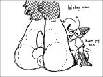  4:3 anthro anus balls black_and_white black_border border bottomless butt canid canine clothed clothing dialogue digital_media_(artwork) fox fur genitals gynomorph hair humanoid_genitalia intersex legs_together legs_up looking_at_viewer mammal monochrome open_mouth penis pepper_(sketchytoasty) perineum sketchytoasty smile solo text topwear 