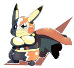  2019 3_toes blue_eyes cape cleft_tail clothing cosplay_pikachu_(costume) crossed_arms dipstick_ears feet female hi_res mask midriff multicolored_ears nintendo pikachu pikachu_libre pok&eacute;mon pok&eacute;mon_(species) simple_background smile solo tatu_wani_(artist) toes video_games yellow_body yellow_skin 