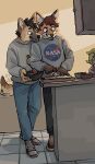  2021 anthro biped black_hair bottomwear brown_body brown_fur brown_hair canid canine clothed clothing cooking detailed_background duo eyebrows footwear fur hair hi_res inside male mammal mawfulme nasa shoes tailwag topwear 