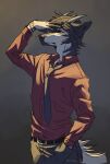  2018 5_fingers akella-yukami anthro canid canine clothed clothing digital_media_(artwork) eyebrows eyelashes fingers fur hair hi_res horn hybrid looking_at_viewer male mammal solo 